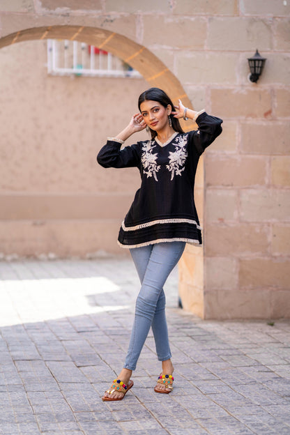 Midnight Bloom Embroidered Black Pure Cotton Top D6274 - kharidari