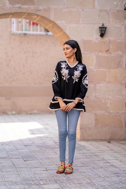 Midnight Bloom Embroidered Black Pure Cotton Top D6274 - kharidari