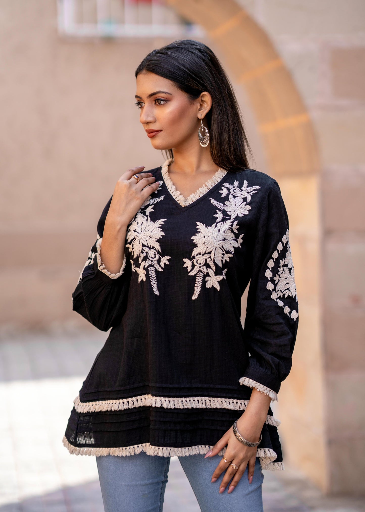 Midnight Bloom Embroidered Black Pure Cotton Top D6274 - kharidari