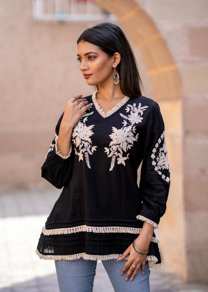 Midnight Bloom Embroidered Black Pure Cotton Top D6274 - kharidari