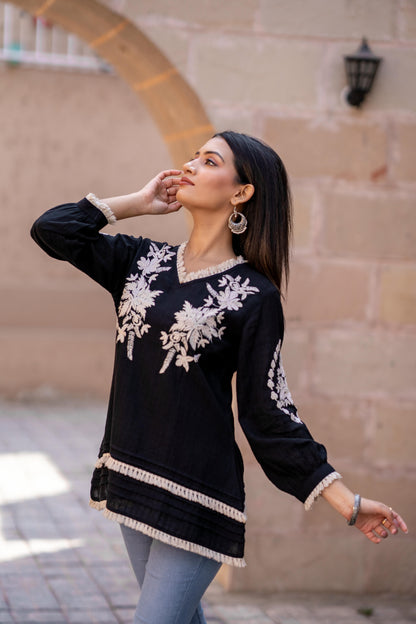 Midnight Bloom Embroidered Black Pure Cotton Top D6274