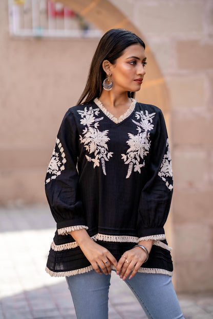Midnight Bloom Embroidered Black Pure Cotton Top D6274 - kharidari