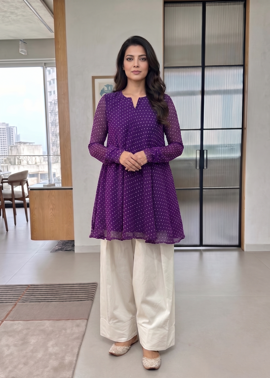Modern Muse Purple Georgette Co-Ord Set with Solid Rayon Cotton Pants D6358