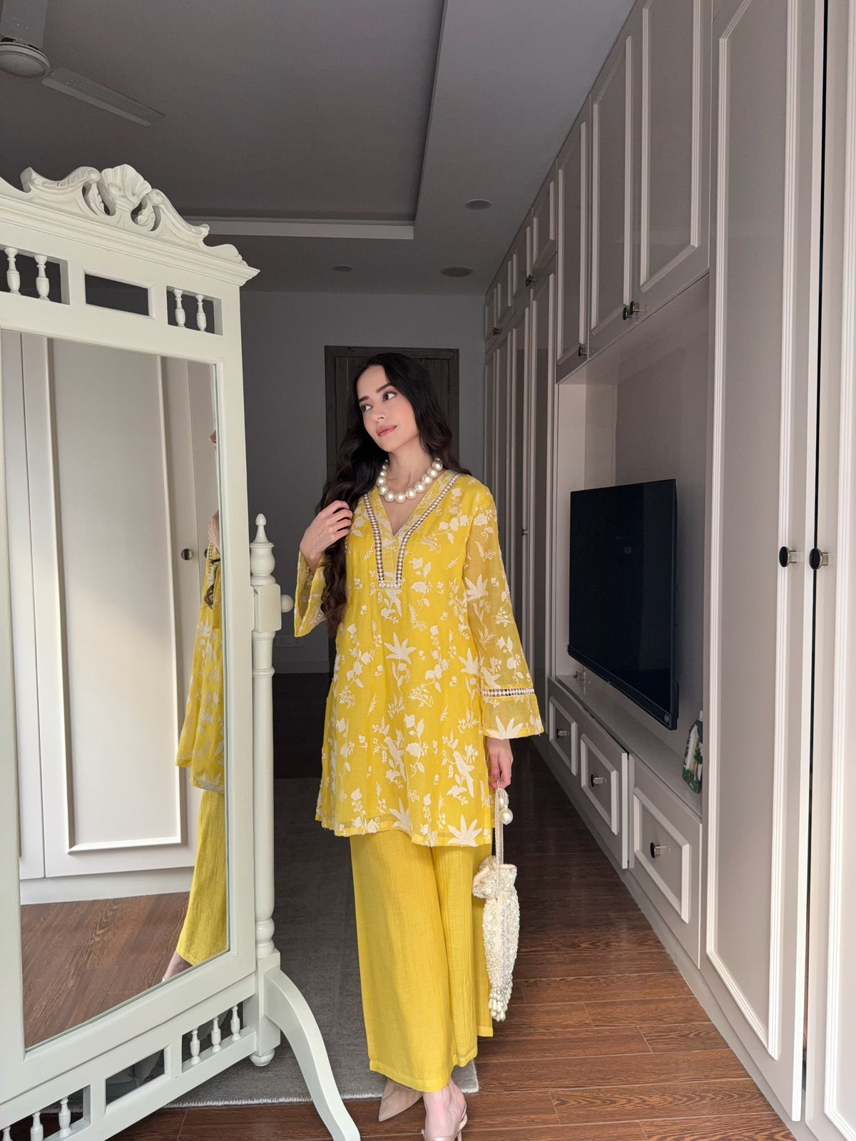 Mustard Yellow Mul Chanderi Women's Co-Ord Set with Floral Print D6373