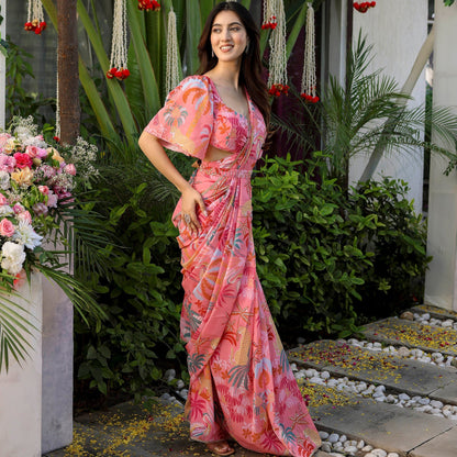 Peach Color  Flower Printed Stylish Georgette Saree 5009