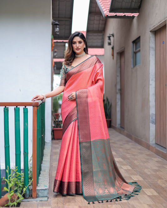 Peach Woven Design Zari Pure Silk Kanjeevaram Saree D5044