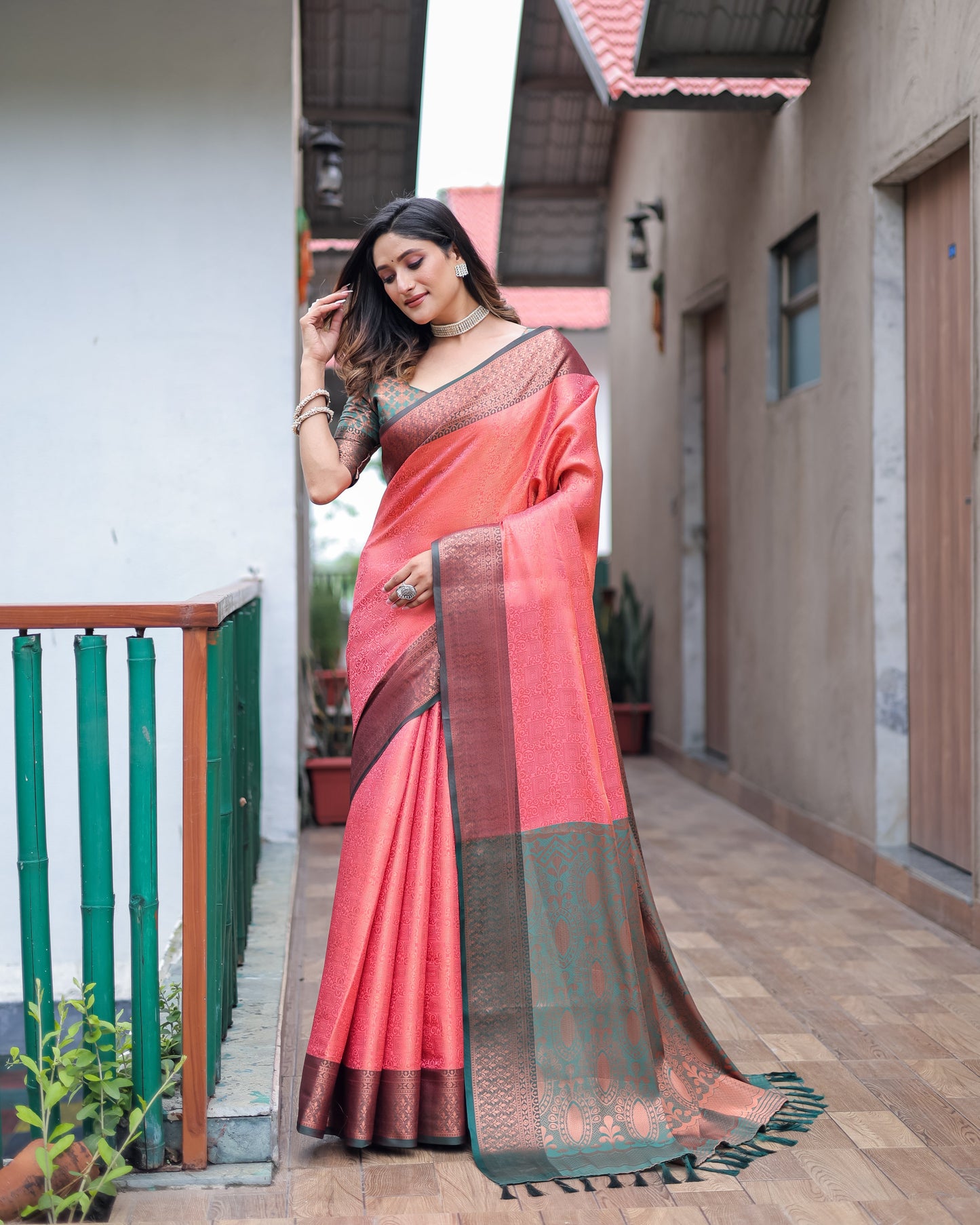 Peach Woven Design Zari Pure Silk Kanjeevaram Saree D5044