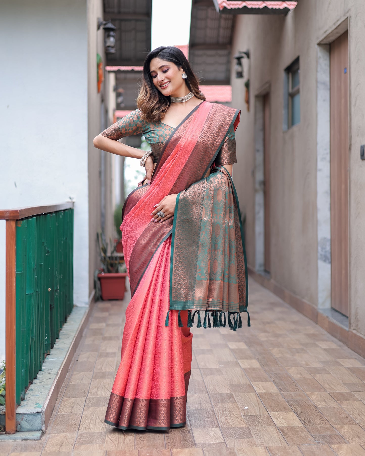 Peach Woven Design Zari Pure Silk Kanjeevaram Saree D5044