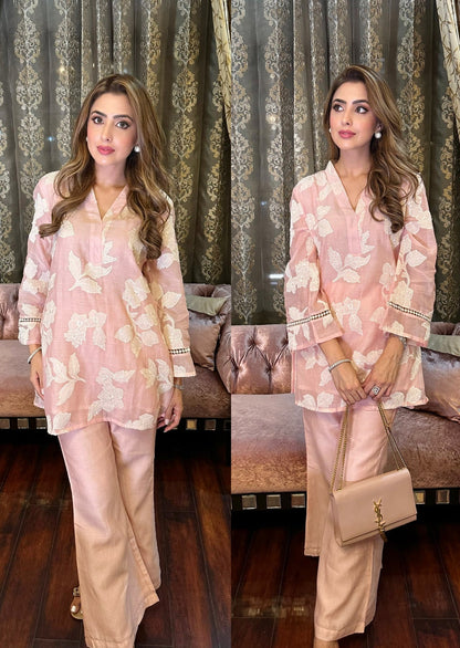 Pink Embroidered Mul Chanderi Festive Co-Ord Set D6336