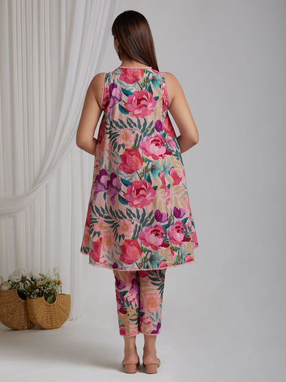 Pink Flowert Printed  Kurta with Pants D6120