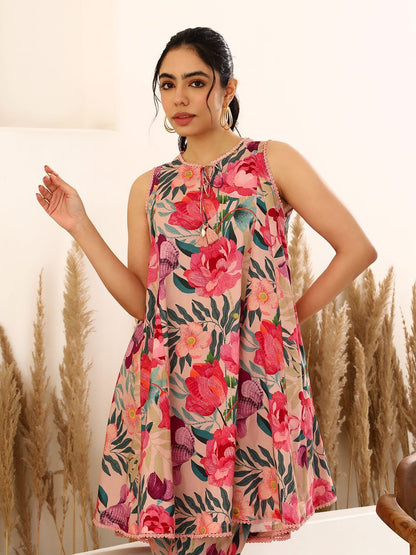 Pink Flowert Printed  Kurta with Pants D6120