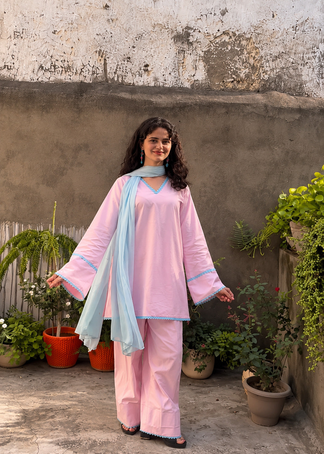Pink Pure Cotton Salwar Suit Set with Dupatta | Straight Kurta & Pant Set D6369
