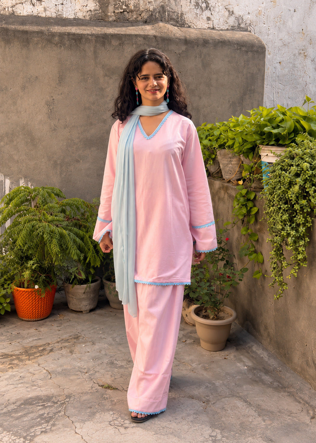 Pink Pure Cotton Salwar Suit Set with Dupatta | Straight Kurta & Pant Set D6369
