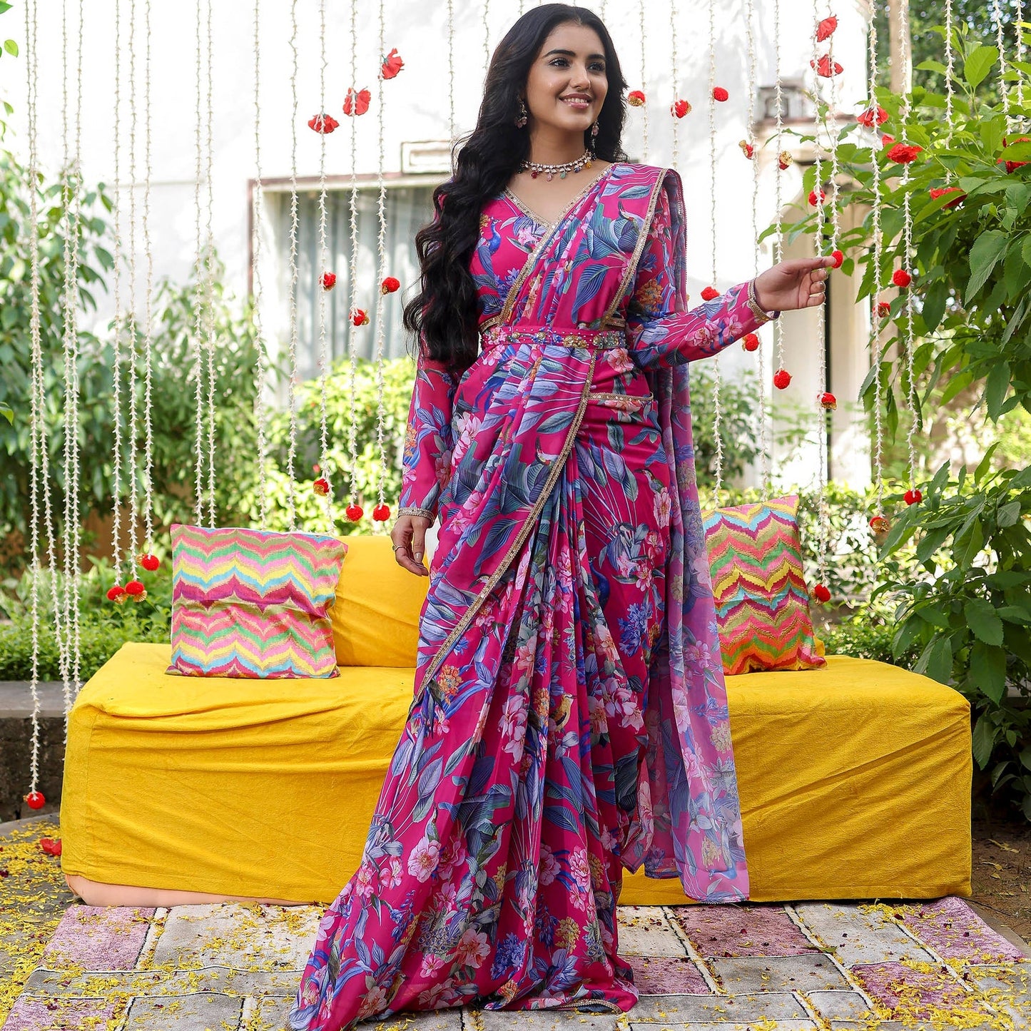 Premium Dark Pink Flower Print Georgette Saree D5013