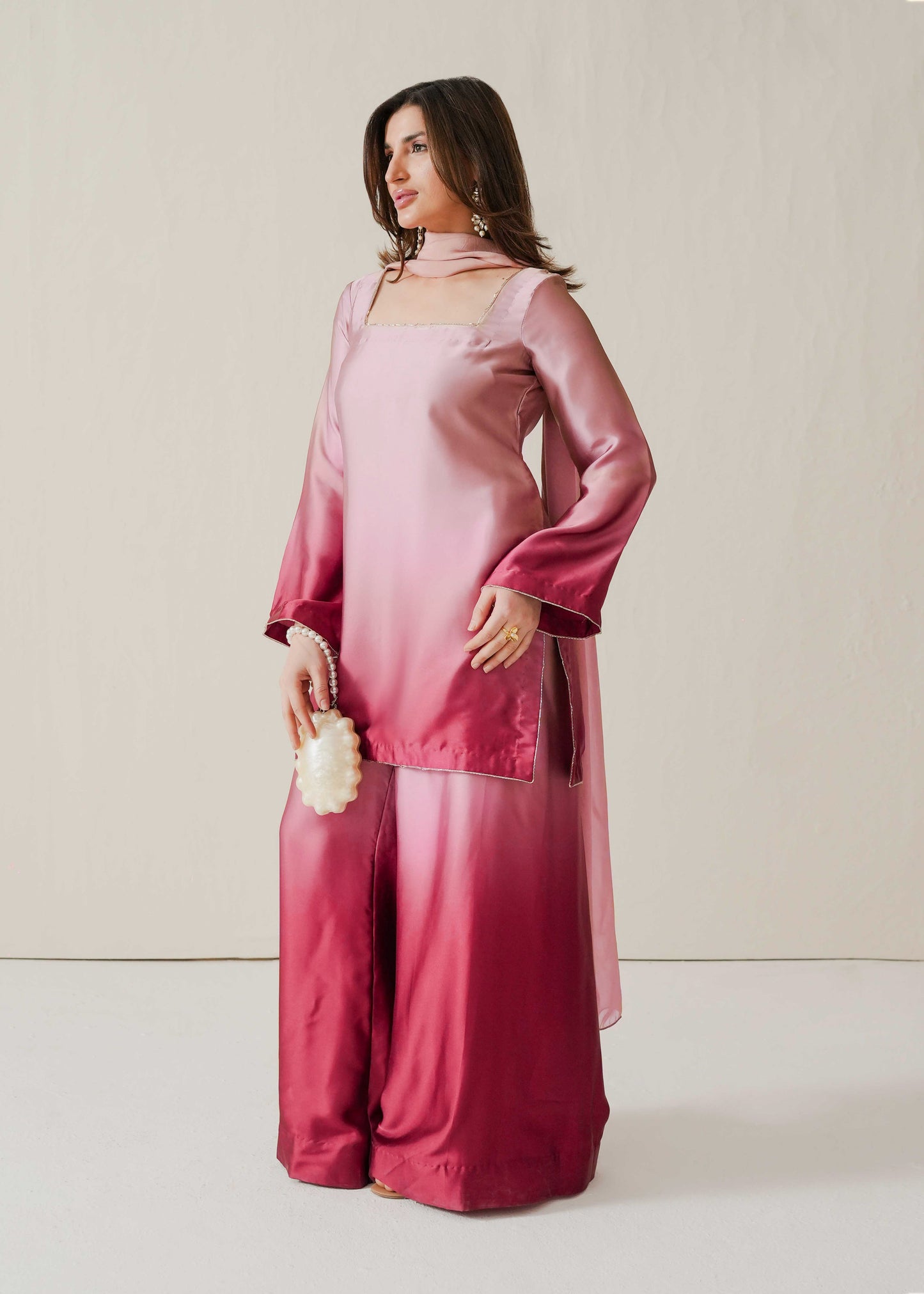 Premium Ombre Pink Silk Suit Set with Palazzo, Inner & Dupatta for Women D6343