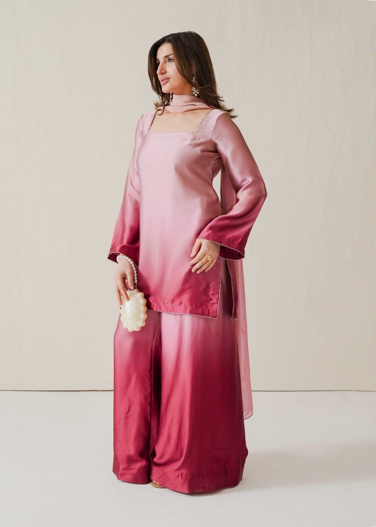 Premium Ombre Pink Silk Suit Set with Palazzo, Inner & Dupatta for Women D6343