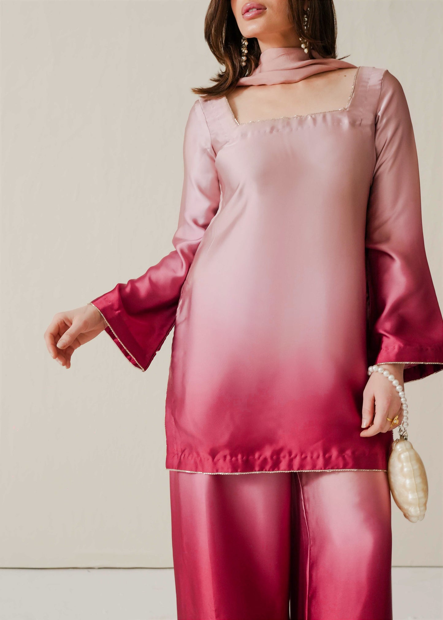 Premium Ombre Pink Silk Suit Set with Palazzo, Inner & Dupatta for Women D6343