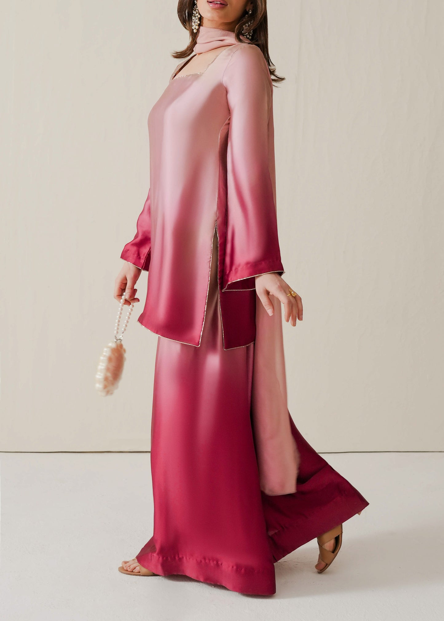 Premium Ombre Pink Silk Suit Set with Palazzo, Inner & Dupatta for Women D6343