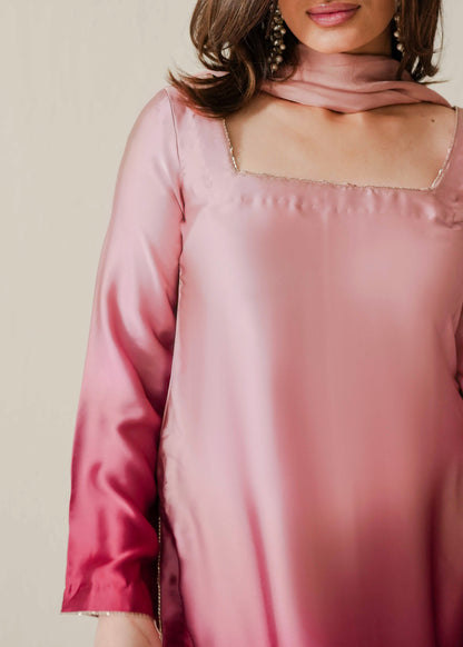 Premium Ombre Pink Silk Suit Set with Palazzo, Inner & Dupatta for Women D6343