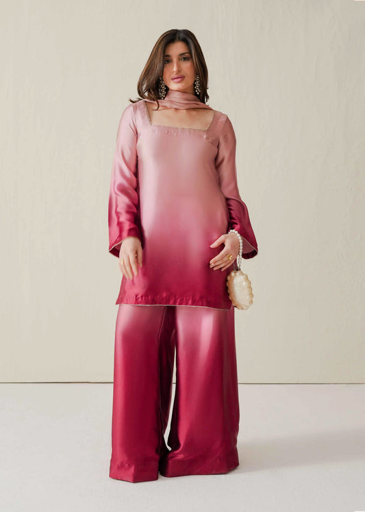Premium Ombre Pink Silk Suit Set with Palazzo, Inner & Dupatta for Women D6343