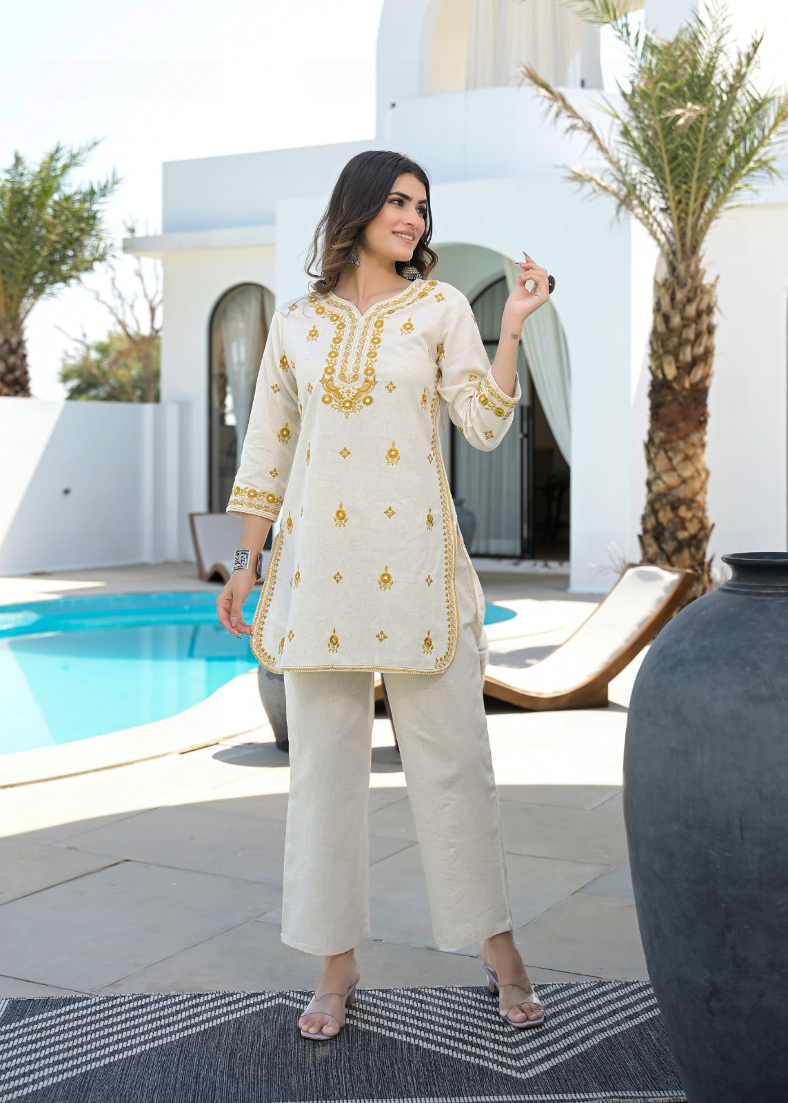 Premium Pure Cotton Embroidered Co-ord Set  D6255 - kharidari