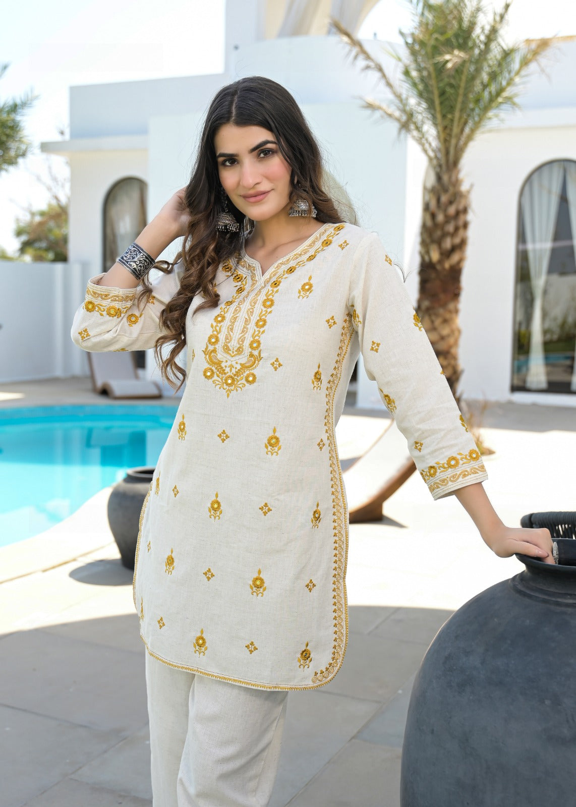 Premium Pure Cotton Embroidered Co-ord Set  D6255 - kharidari