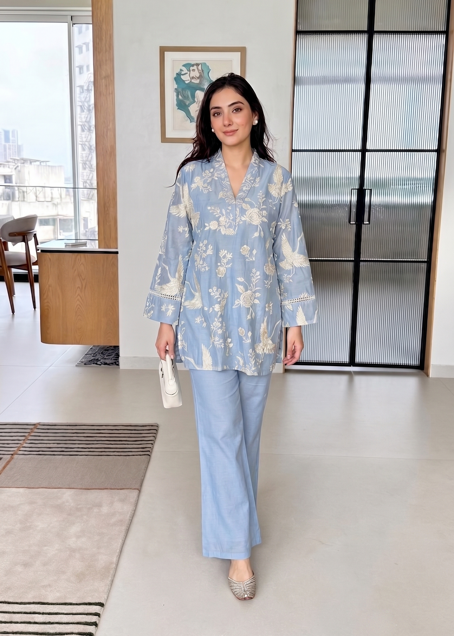 Premium Sky Blue Mul Cotton Co-Ord Set with Floral Embroidery D6351