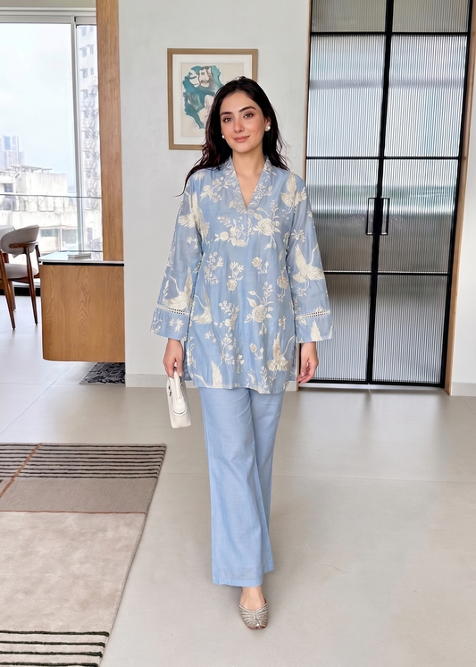 Premium Sky Blue Mul Cotton Co-Ord Set with Floral Embroidery D6351