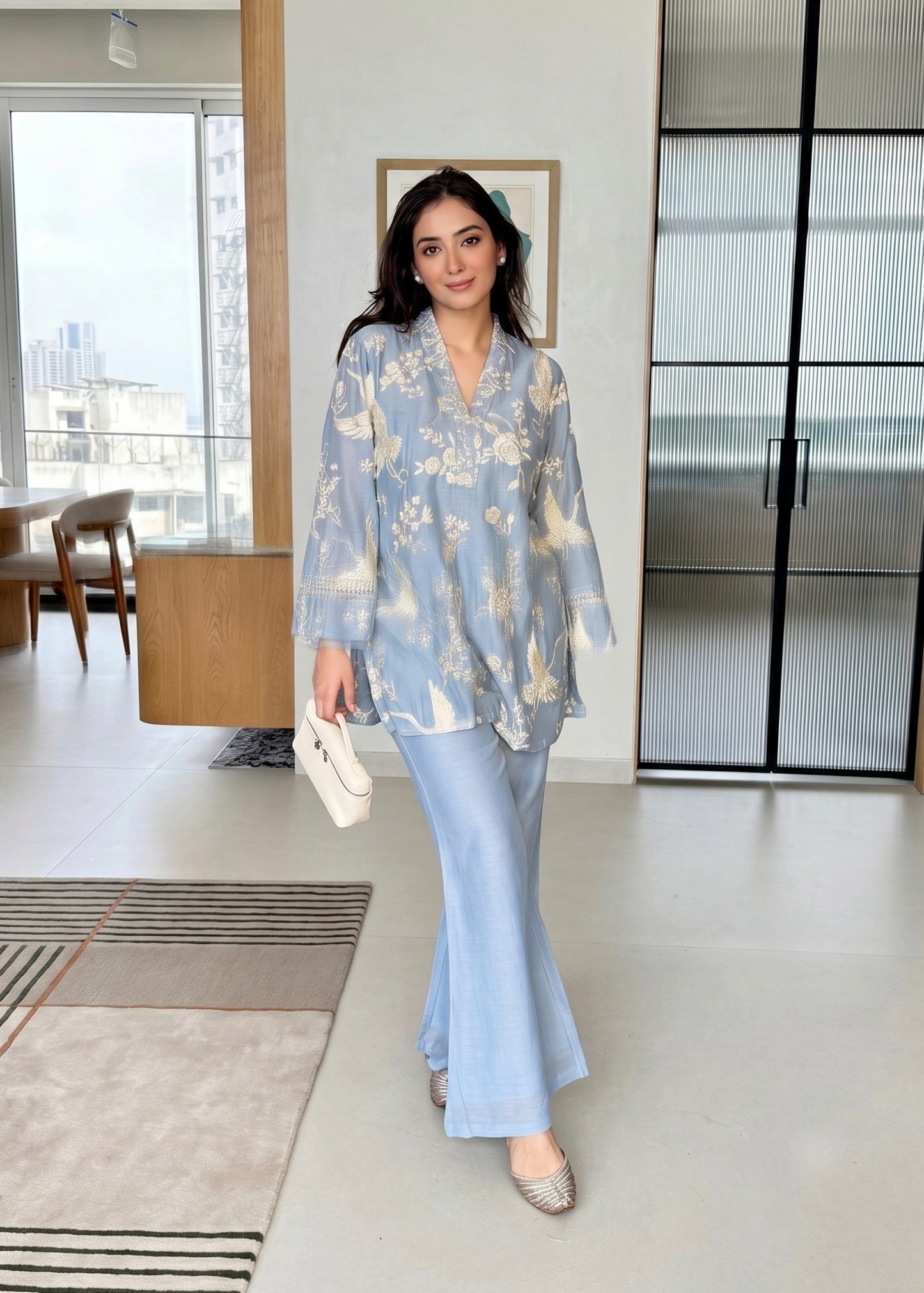 Premium Sky Blue Mul Cotton Co-Ord Set with Floral Embroidery D6351