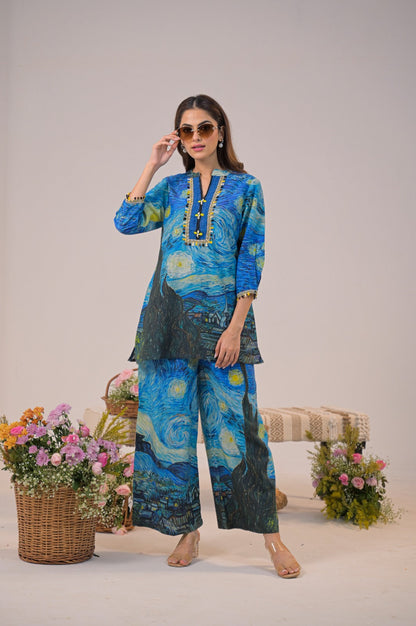 Premium Starry Night Printed Pure Cotton Co-ord set D6259 - kharidari