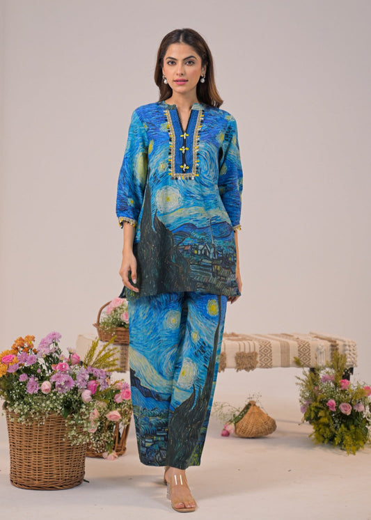 Premium Starry Night Printed Pure Cotton Co-ord set D6259 - kharidari