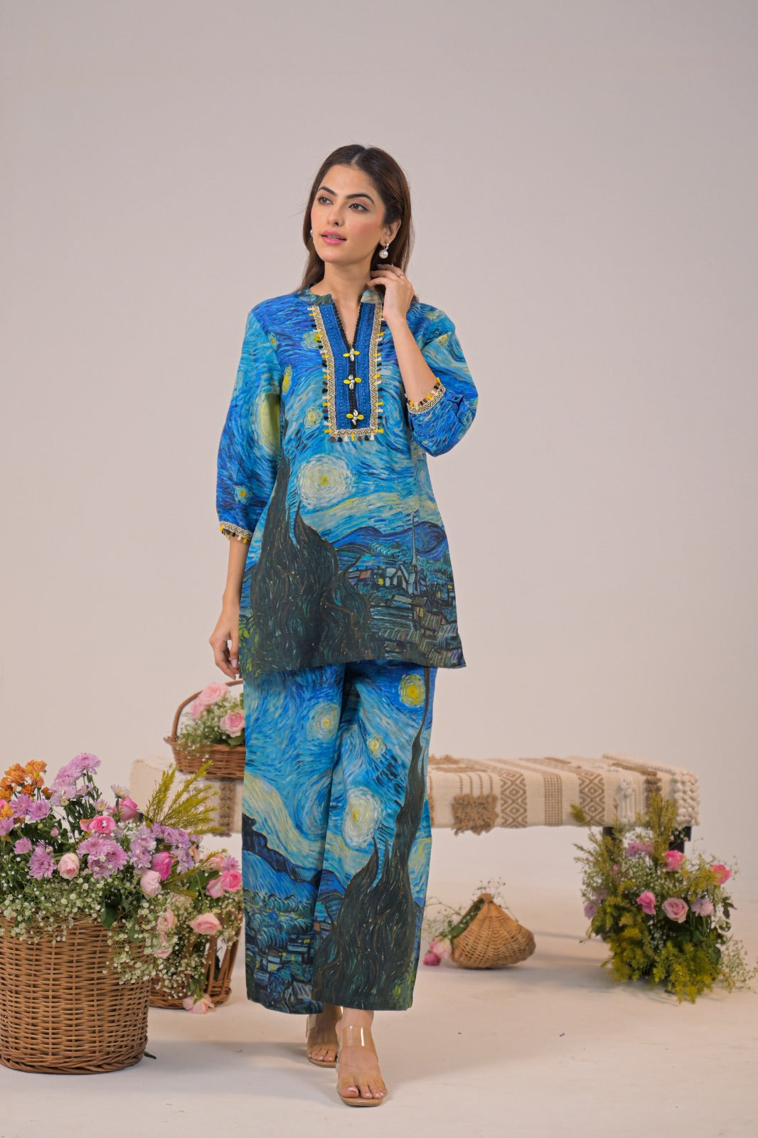 Premium Starry Night Printed Pure Cotton Co-ord set D6259 - kharidari