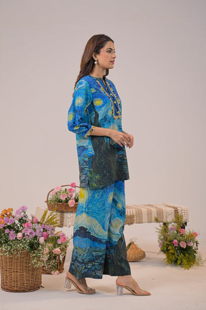 Premium Starry Night Printed Pure Cotton Co-ord set D6259 - kharidari