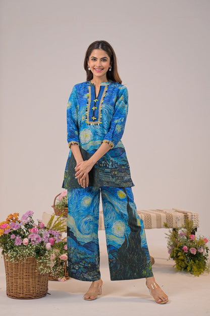 Premium Starry Night Printed Pure Cotton Co-ord set D6259 - kharidari