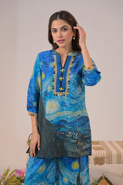 Premium Starry Night Printed Pure Cotton Co-ord set D6259 - kharidari