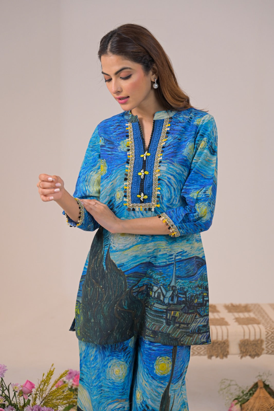 Premium Starry Night Printed Pure Cotton Co-ord set D6259 - kharidari