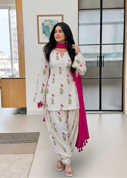 Ethnic Pure Cotton Embroidered Kurta Suit Set with Soft Georgette Dupatta D6360