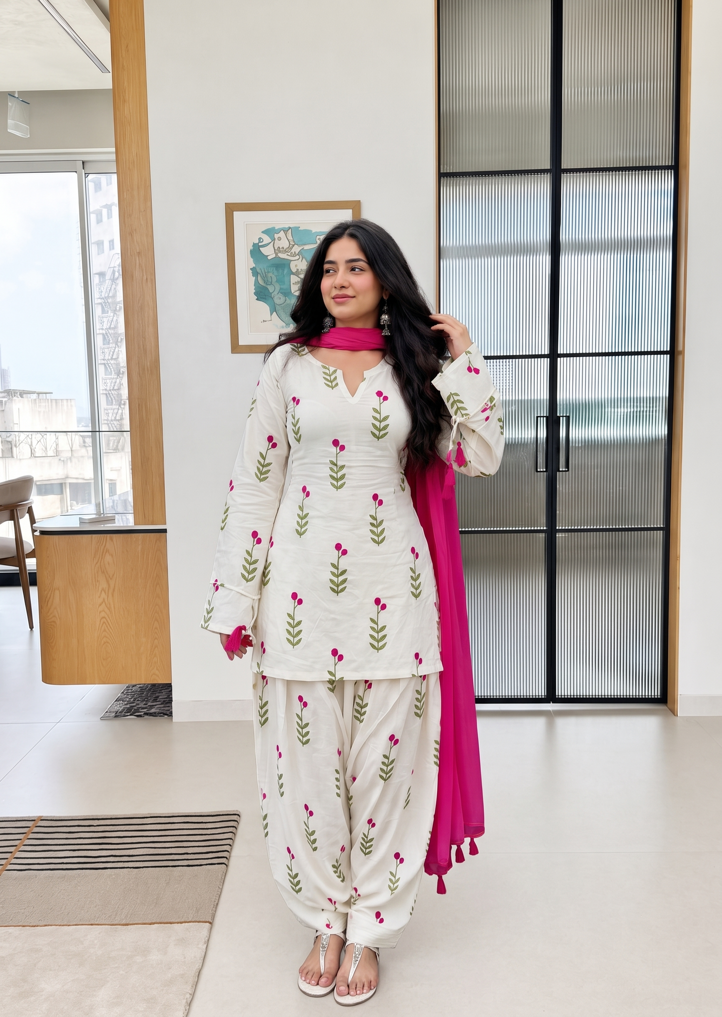 Ethnic Pure Cotton Embroidered Kurta Suit Set with Soft Georgette Dupatta D6360