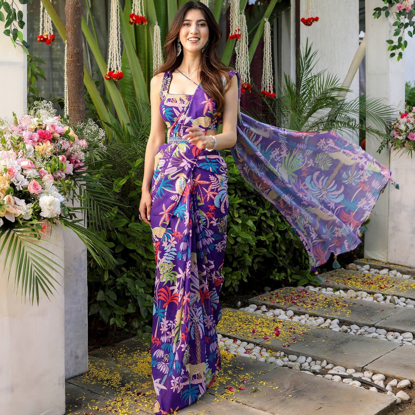 Purple Flower Printed Stylish Georgette Saree D5008