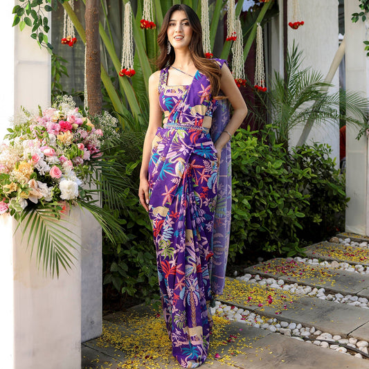 Purple Flower Printed Stylish Georgette Saree D5008