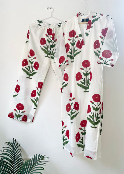 Red & blue Flower plant print Muslin Cotton Co-ord Set D6008 - kharidari
