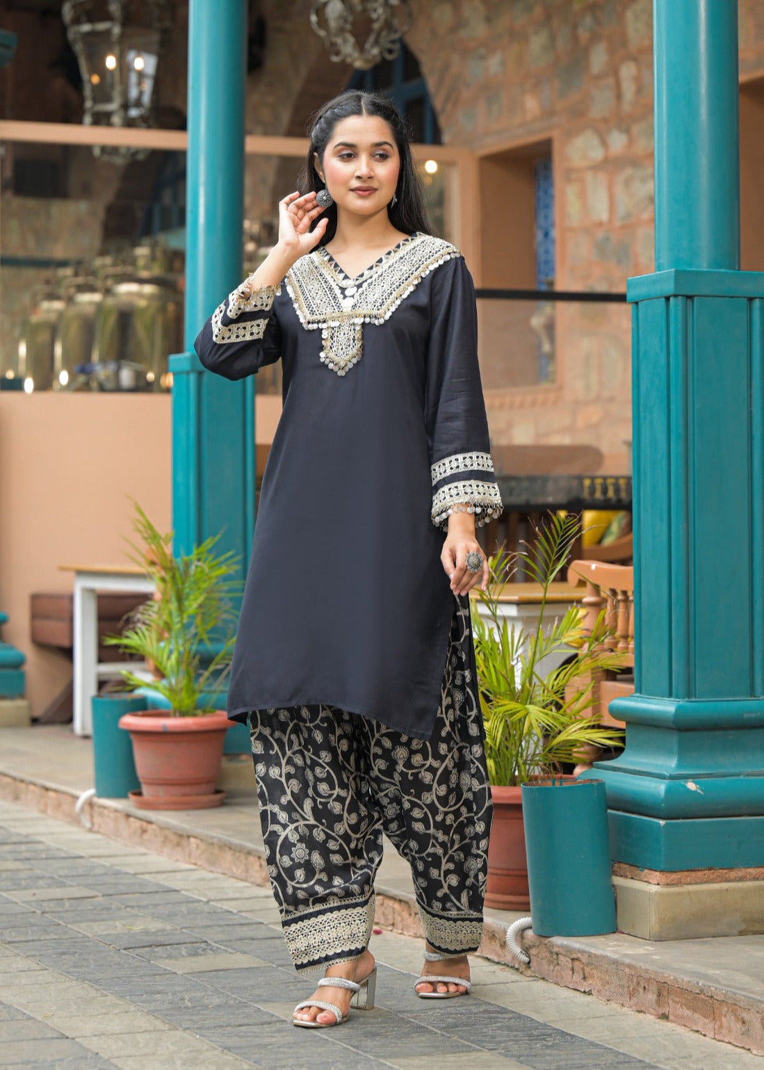 Roman Silk Co-ord Set with Pure Jacquard Bottom co-ord set   Elegant & Luxe D6260 - kharidari