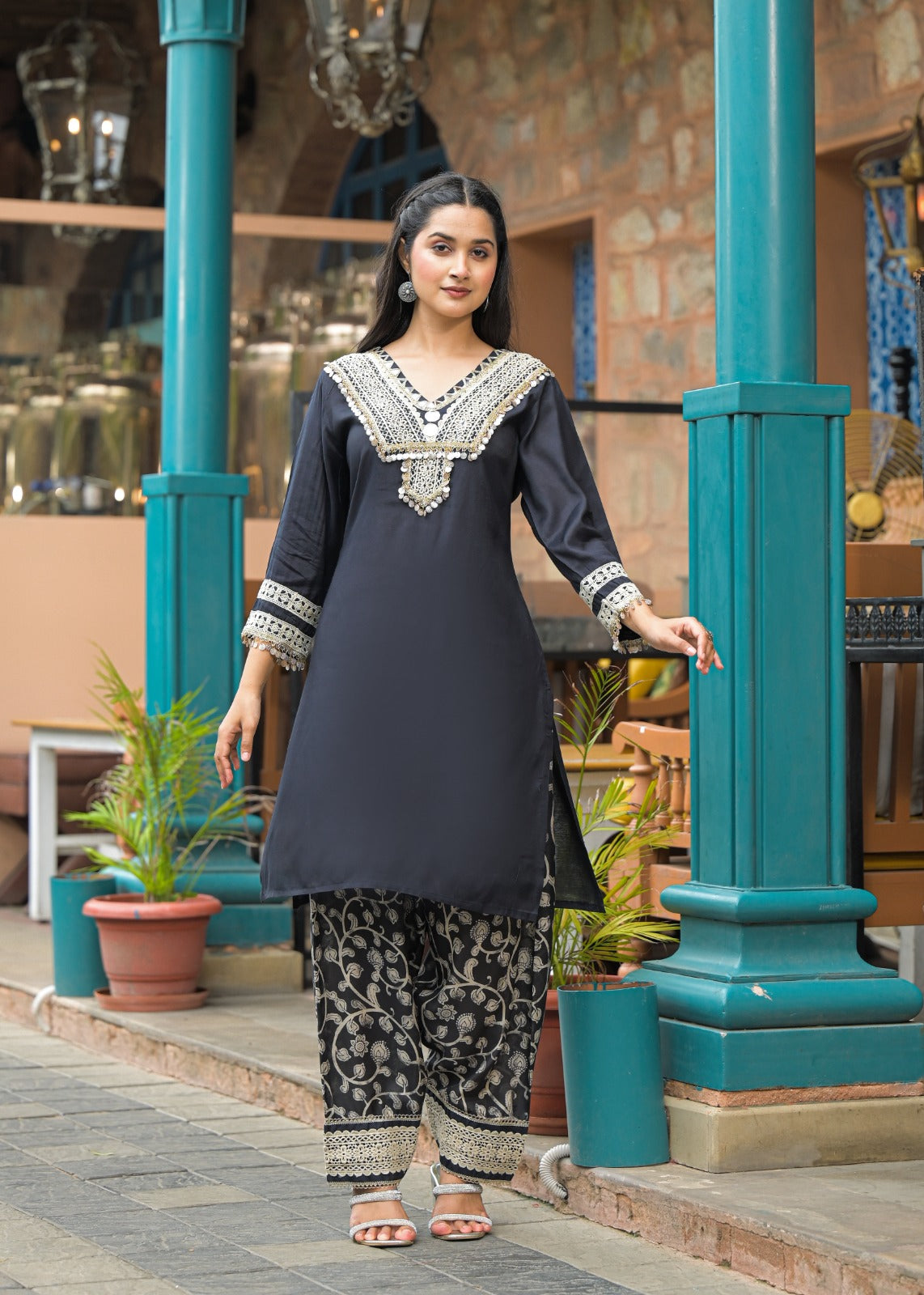 Roman Silk Co-ord Set with Pure Jacquard Bottom co-ord set   Elegant & Luxe D6260 - kharidari