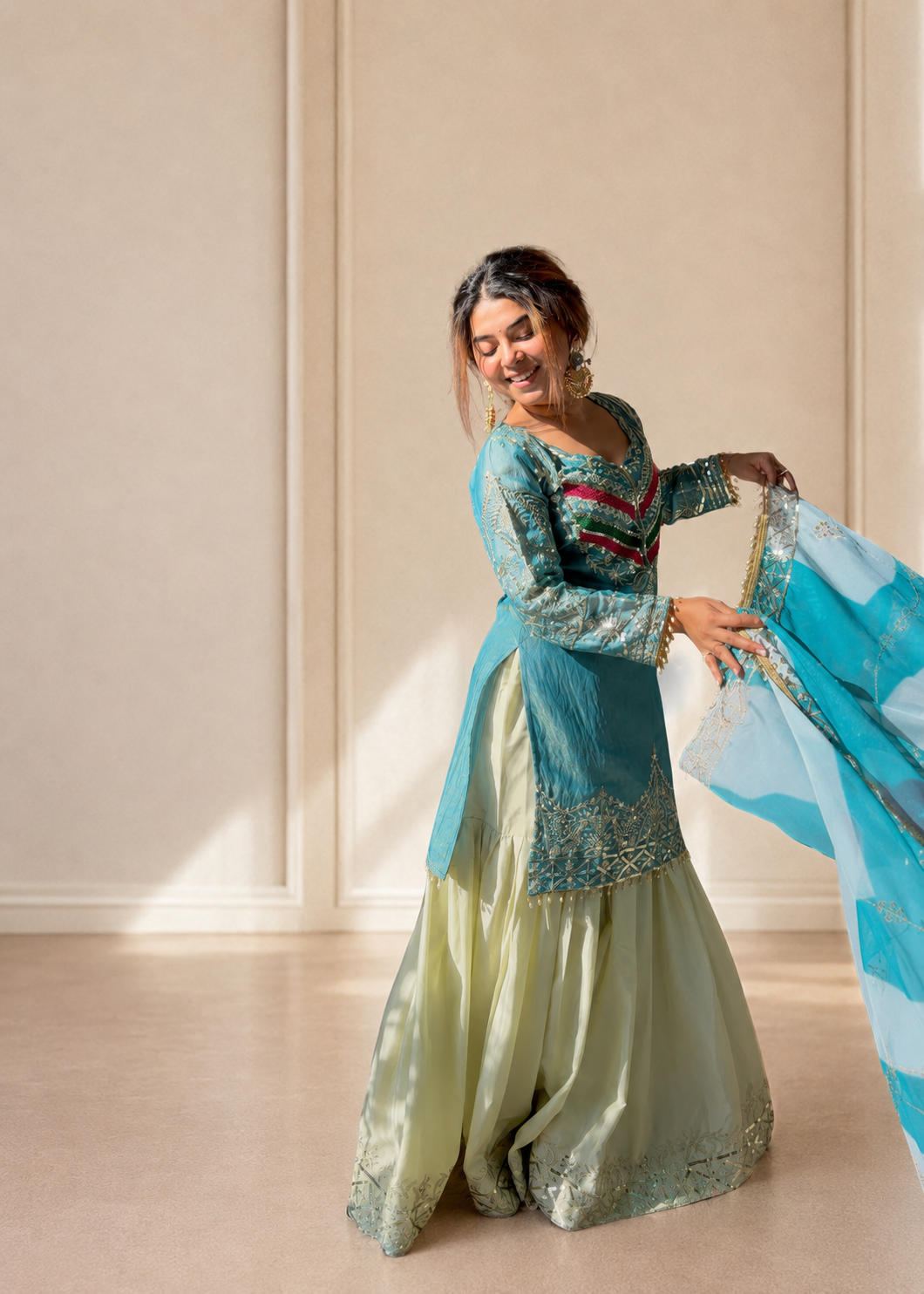 Royal Teal Blue Embroidered Kurta Palazzo Set with Designer Organza Dupatta D6350