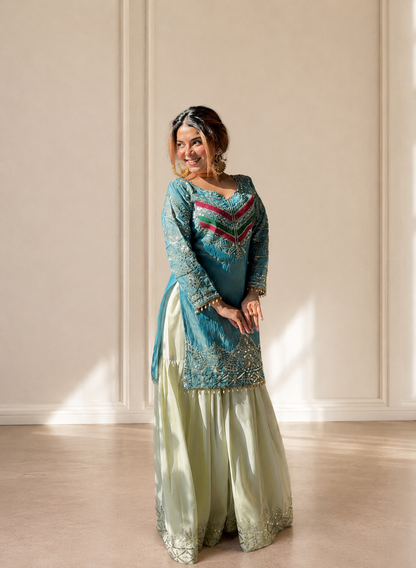 Royal Teal Blue Embroidered Kurta Palazzo Set with Designer Organza Dupatta D6350