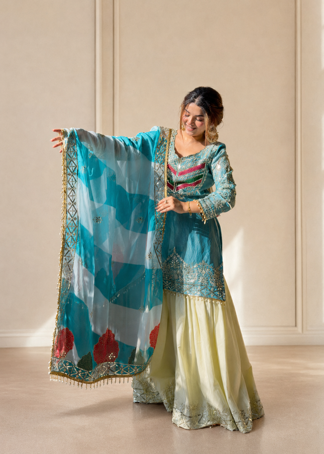 Royal Teal Blue Embroidered Kurta Palazzo Set with Designer Organza Dupatta D6350