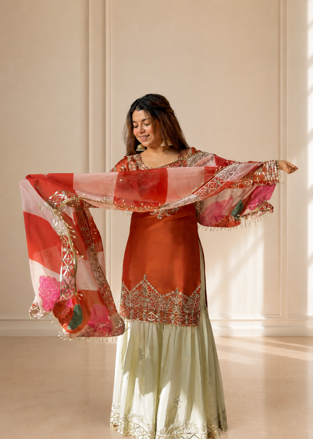 Rust Orange Designer Embroidered Kurta Palazzo Set with Organza Dupatta for Women D6349