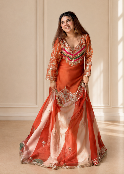 Rust Orange Designer Embroidered Kurta Palazzo Set with Organza Dupatta for Women D6349