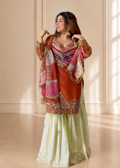 Rust Orange Designer Embroidered Kurta Palazzo Set with Organza Dupatta for Women D6349