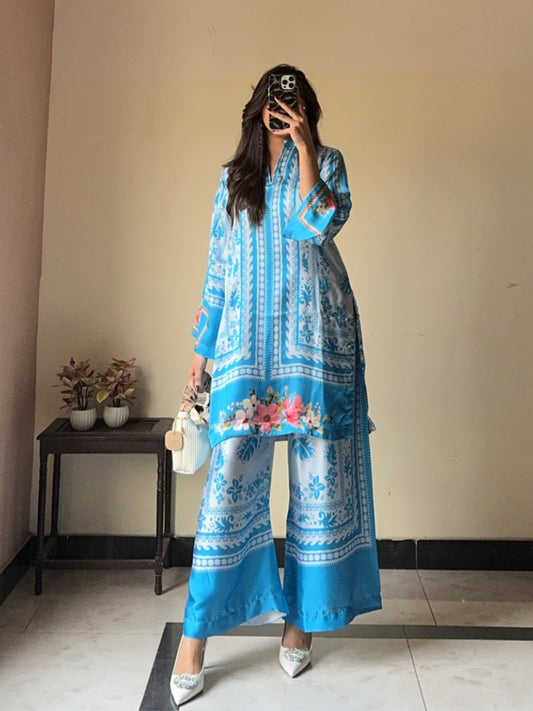 Blue Casual Printed Armani Satin Top and Pants Set D6062